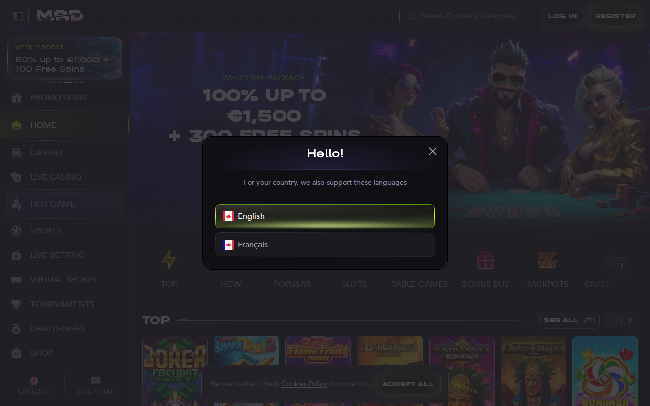 Madcasino desktop screenshot